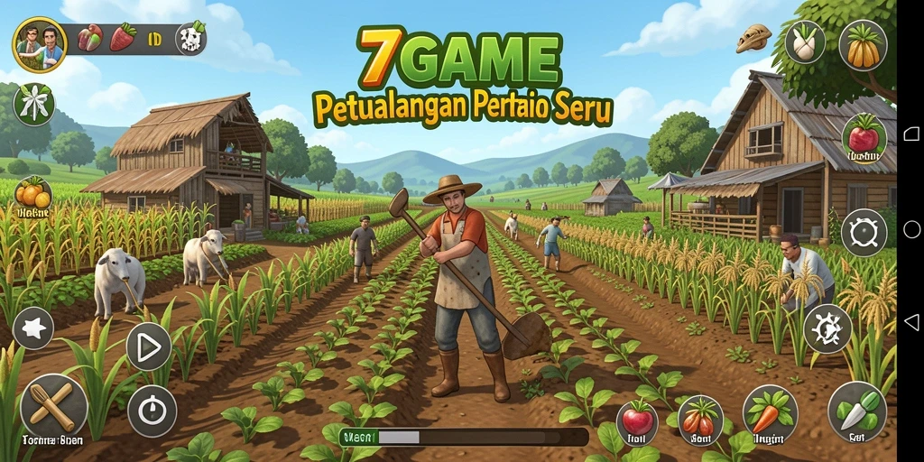 Screenshot menunjukkan pemain sedang mengelola lahan pertanian di <strong>7GAME</strong>.