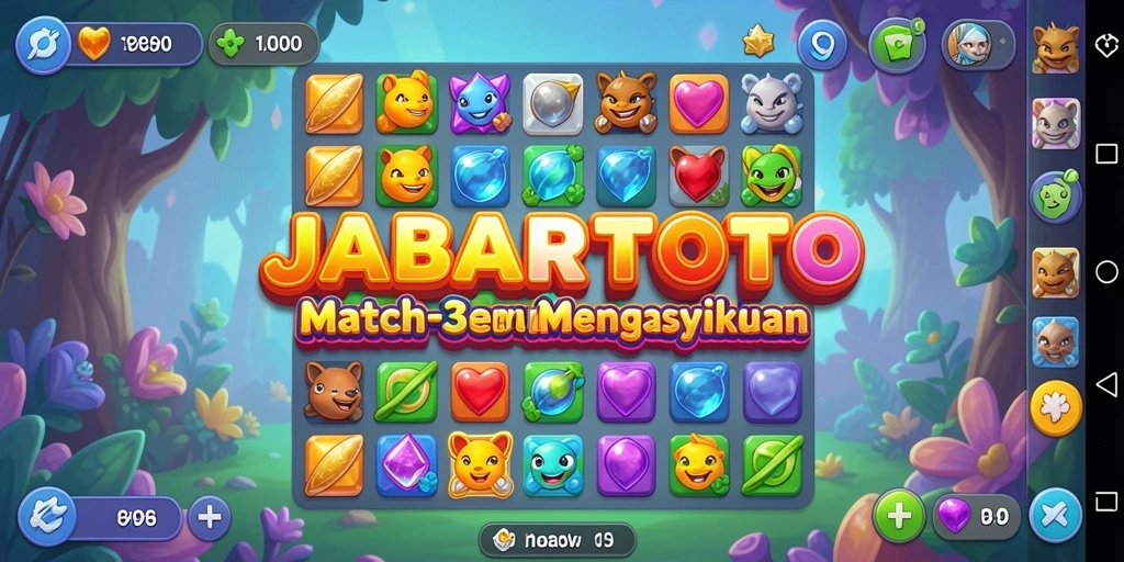 Tangkapan layar gameplay JABARTOTO dengan elemen Match-3 yang ceria.