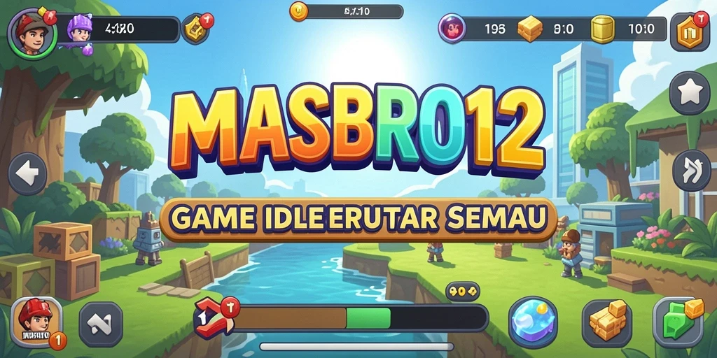 Tampilan gameplay utama MASBRO12 yang menunjukkan berbagai karakter dan aktivitas Idle.