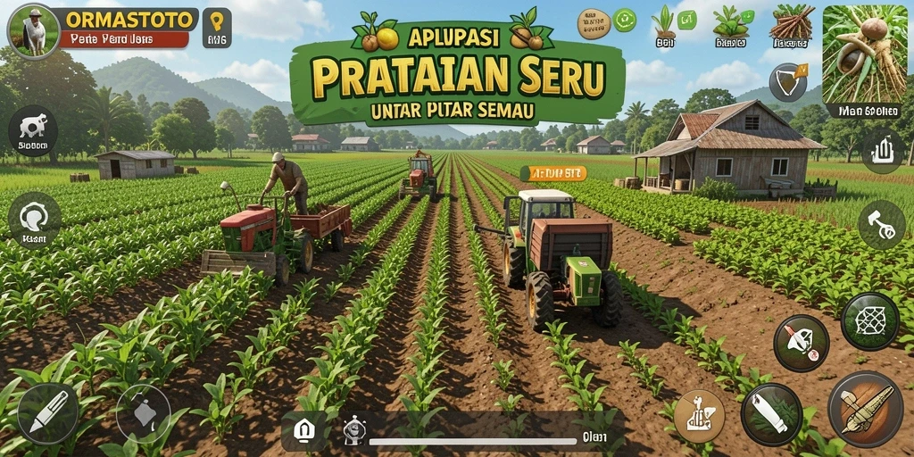 Screenshot gameplay ORMASTOTO yang menampilkan kebun yang subur dan hewan ternak.