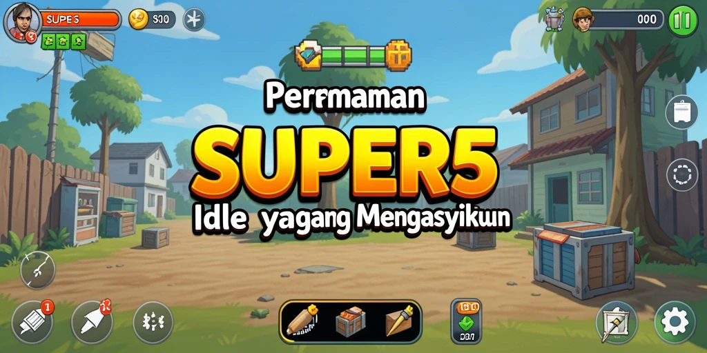 Tangkapan layar gameplay SUPER5 menampilkan karakter mengumpulkan sumber daya secara otomatis.